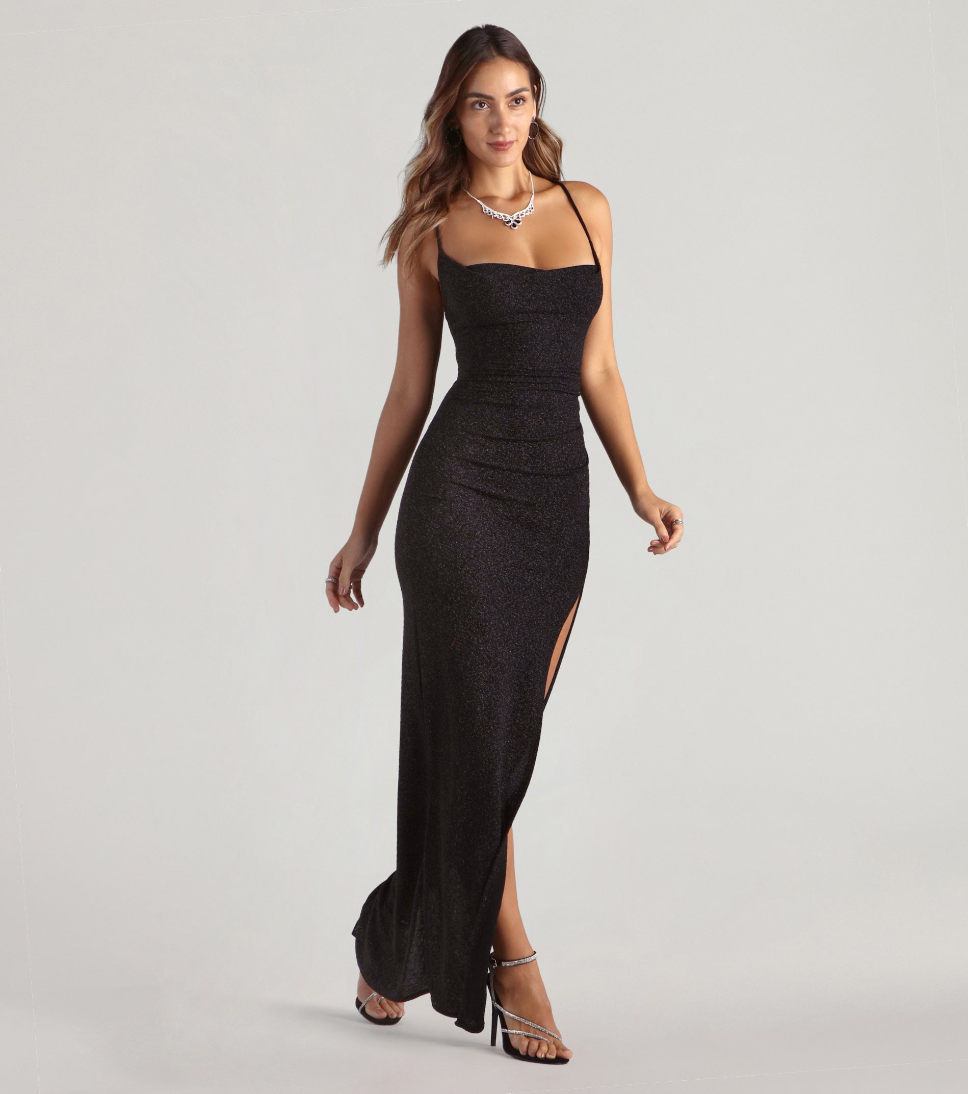 Amirah Glitter Column Prom Dress – Cowl Neck High Slit Formal Gown