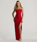 Amirah Glitter Column Prom Dress – Cowl Neck High Slit Formal Gown