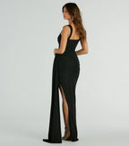 Carolyn Glitter Prom Dress With Train – Cowl Neck Long Formal Gown
