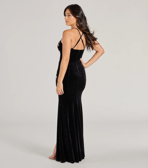 Angelica Samt Ballkleid Schwarz Seitenansicht mit V-Neck