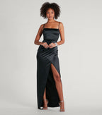 Mayra Satin Prom Dress – Square Neck High Slit Long Formal Gown