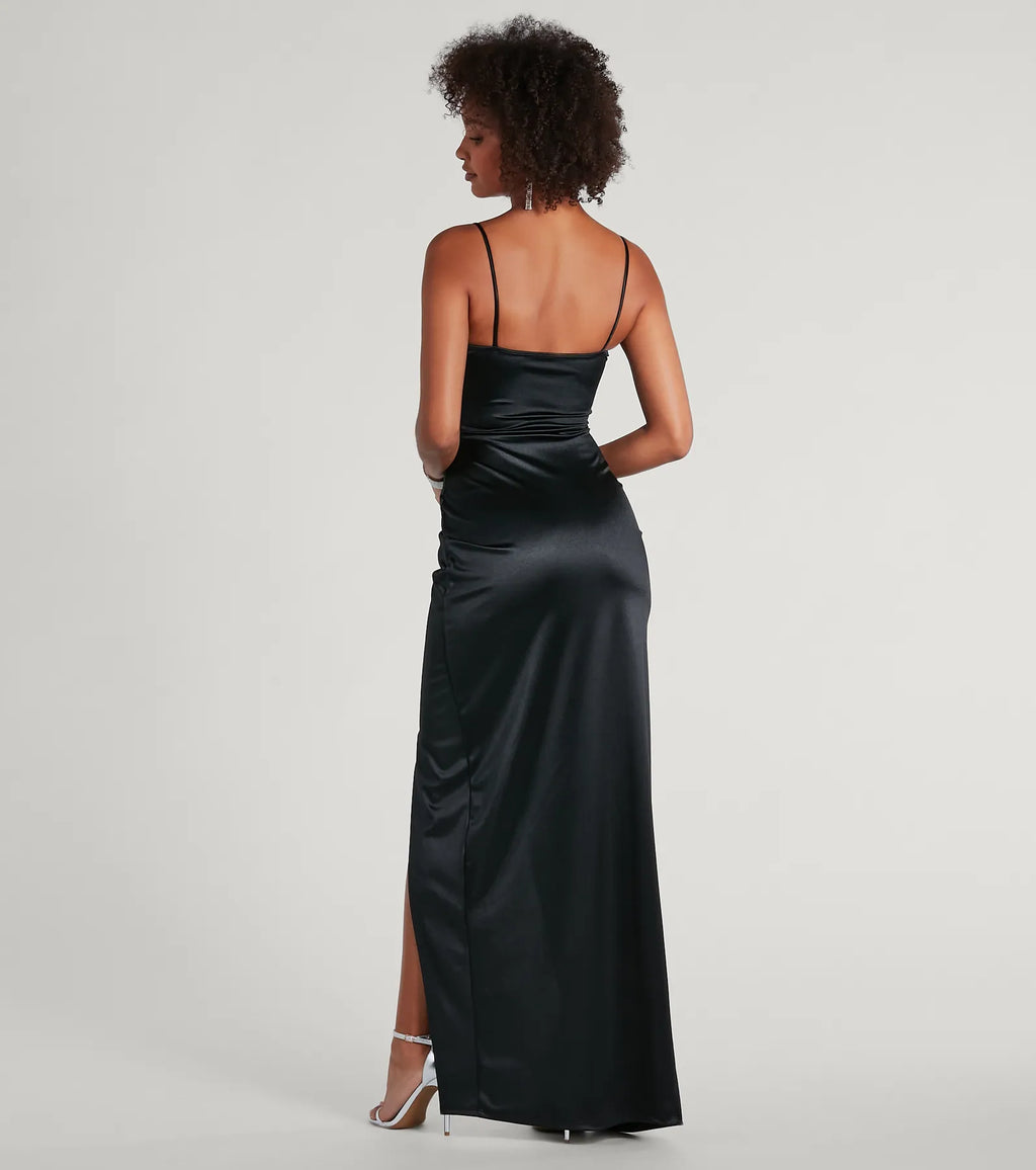 Mayra Satin Prom Dress – Square Neck High Slit Long Formal Gown