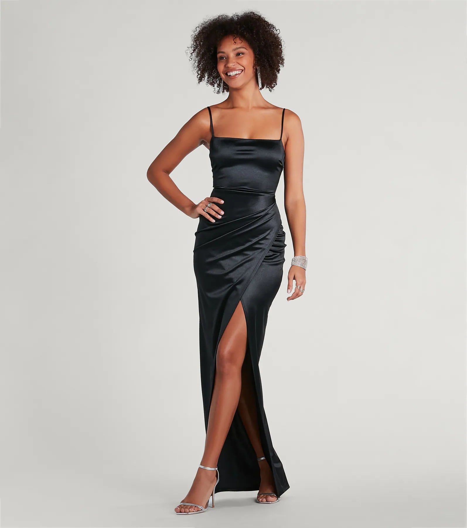 Mayra Satin Prom Dress – Square Neck High Slit Long Formal Gown