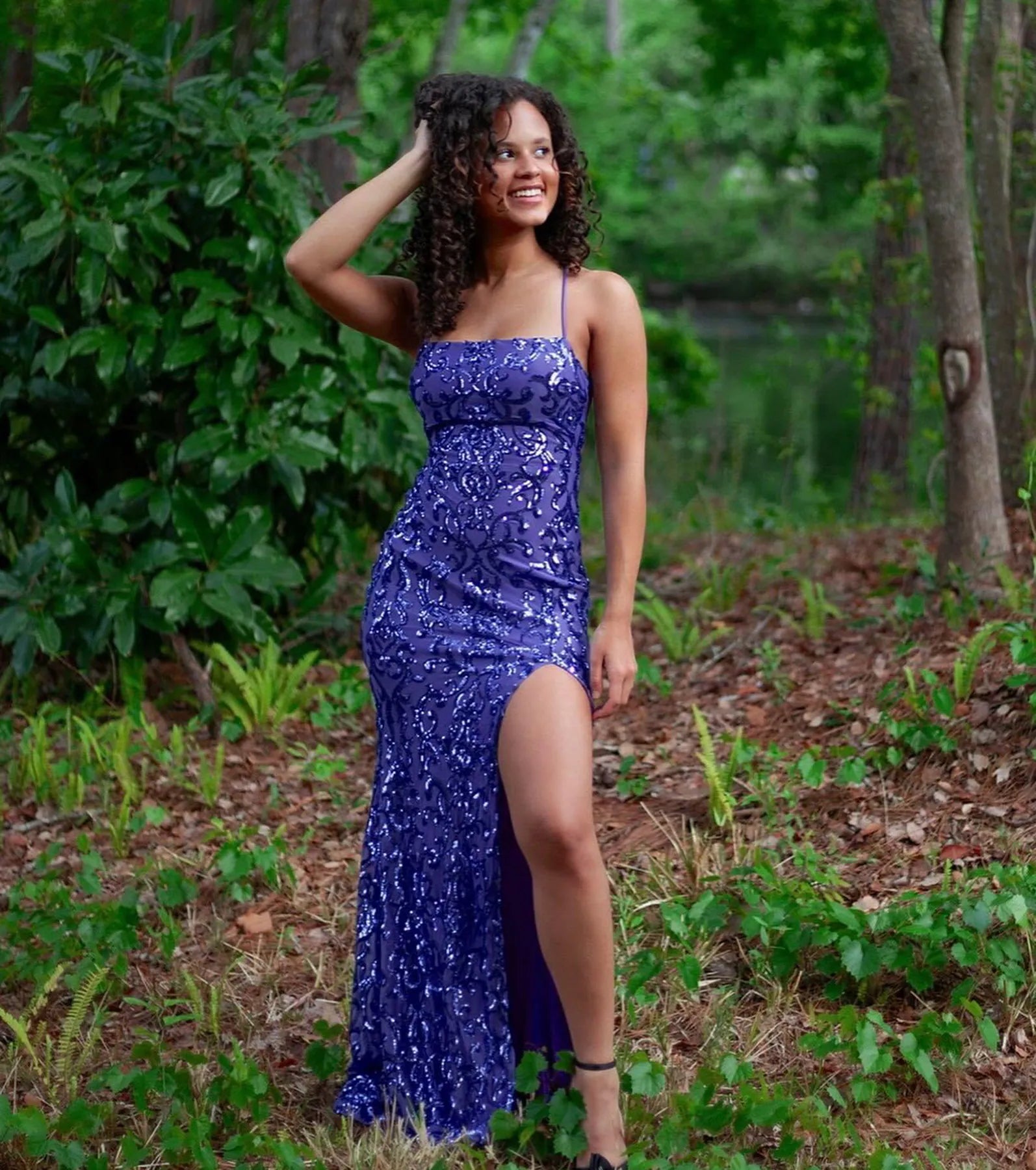 Rowena Sequin Mermaid Prom Dress – Lace-Up Square Neck Long Formal Gown