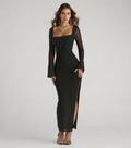 Becka Mesh Column Prom Dress – Bell Sleeve High Slit Long Formal Gown