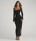Becka Mesh Column Prom Dress – Bell Sleeve High Slit Long Formal Gown