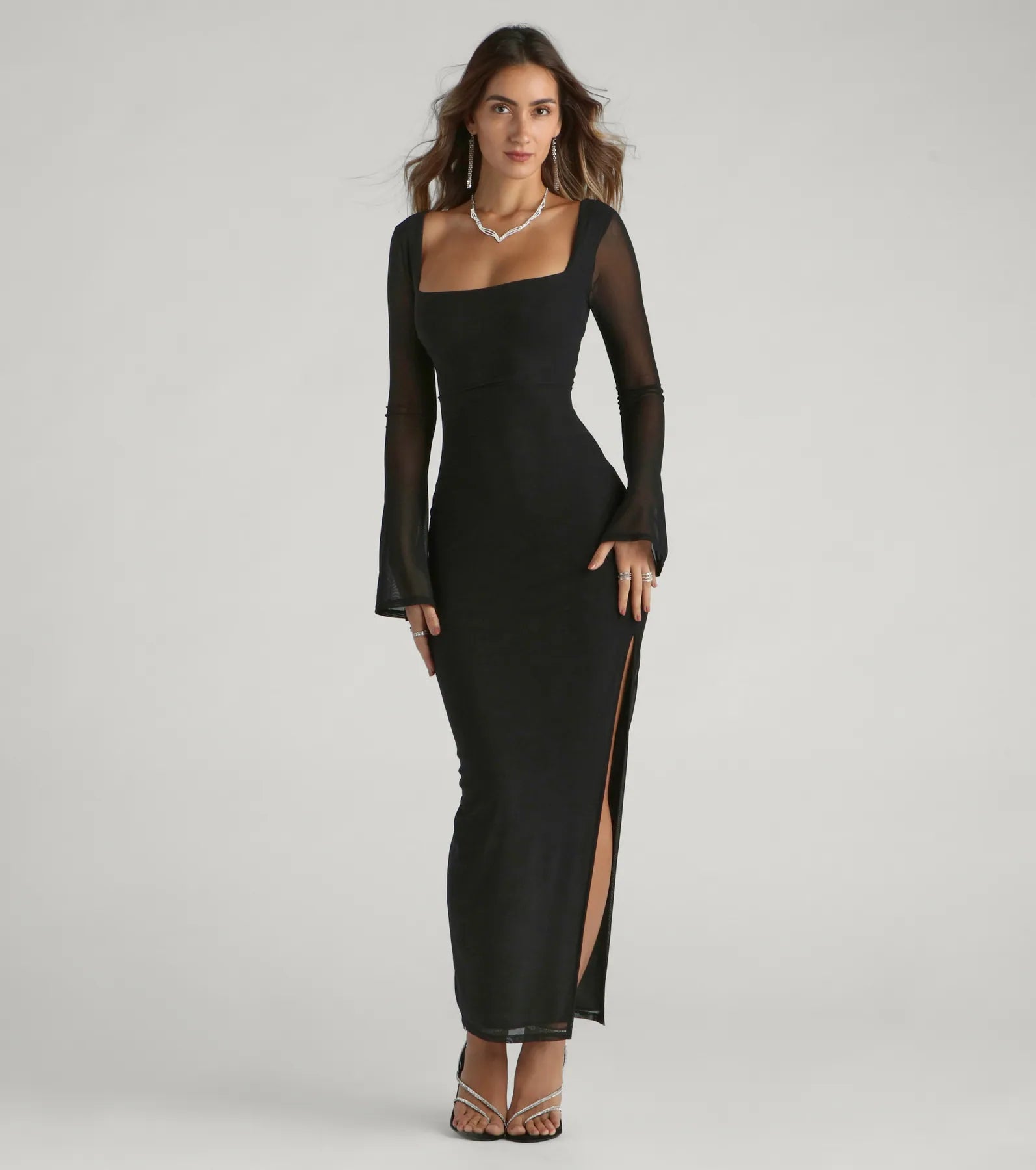 Becka Mesh Column Prom Dress – Bell Sleeve High Slit Long Formal Gown