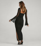 Becka Mesh Column Prom Dress – Bell Sleeve High Slit Long Formal Gown