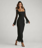 Becka Mesh Column Prom Dress – Bell Sleeve High Slit Long Formal Gown