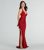 Kat Glitter Column Prom Dress – Lace-Up V-Neck Long Formal Gown