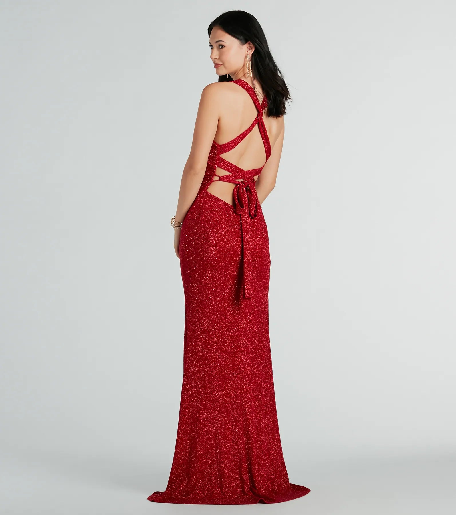 Kat Glitter Column Prom Dress – Lace-Up V-Neck Long Formal Gown
