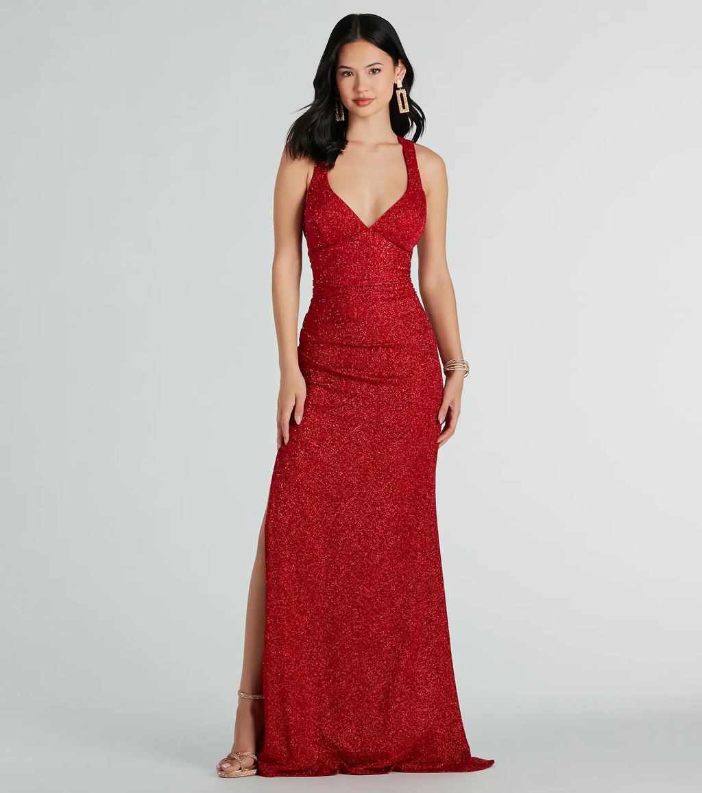 Kat Glitter Column Prom Dress – Lace-Up V-Neck Long Formal Gown