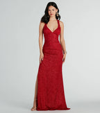 Kat Glitter Column Prom Dress – Lace-Up V-Neck Long Formal Gown