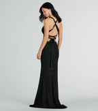 Kat Glitter Column Prom Dress – Lace-Up V-Neck Long Formal Gown