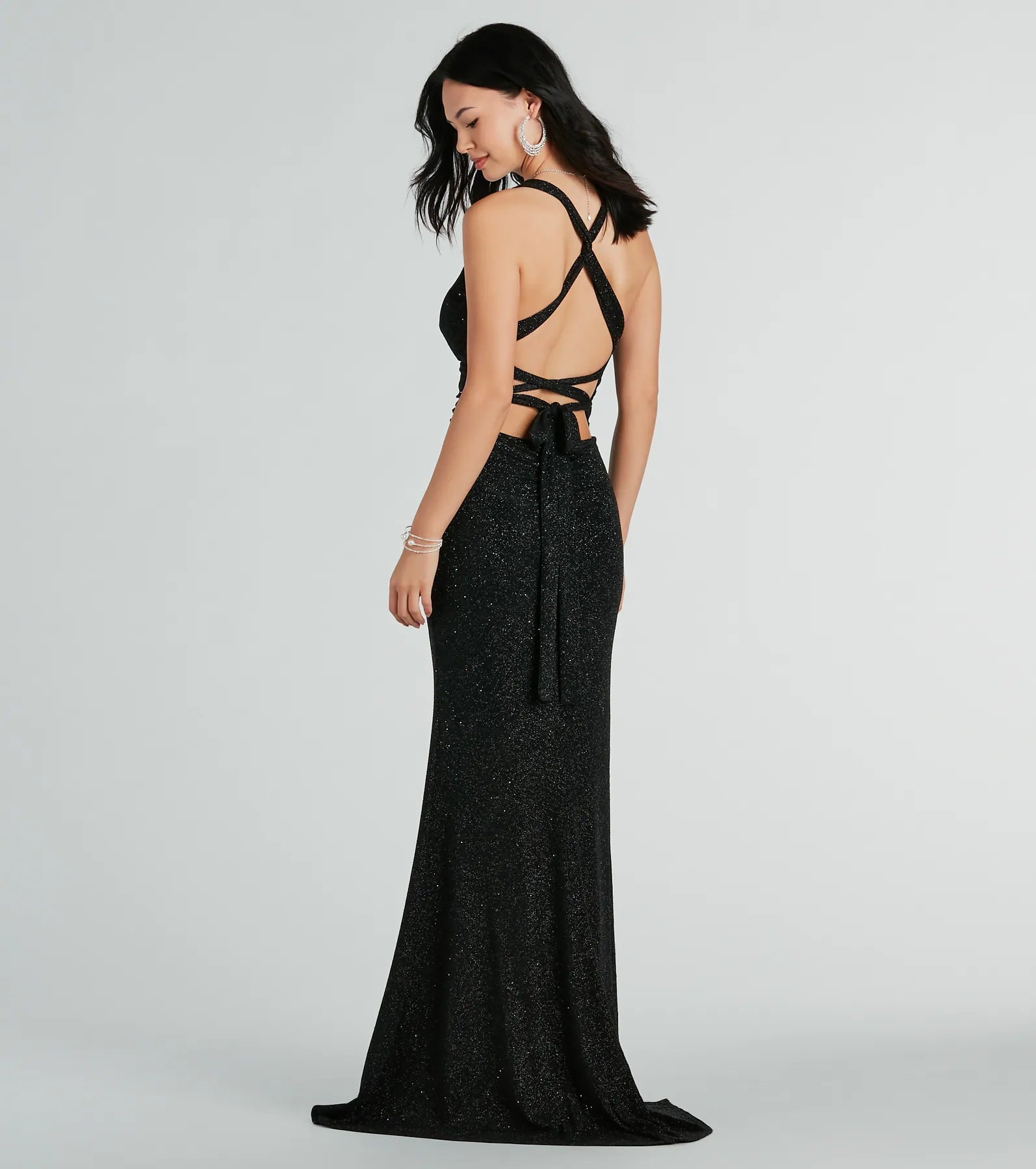 Kat Glitter Column Prom Dress – Lace-Up V-Neck Long Formal Gown