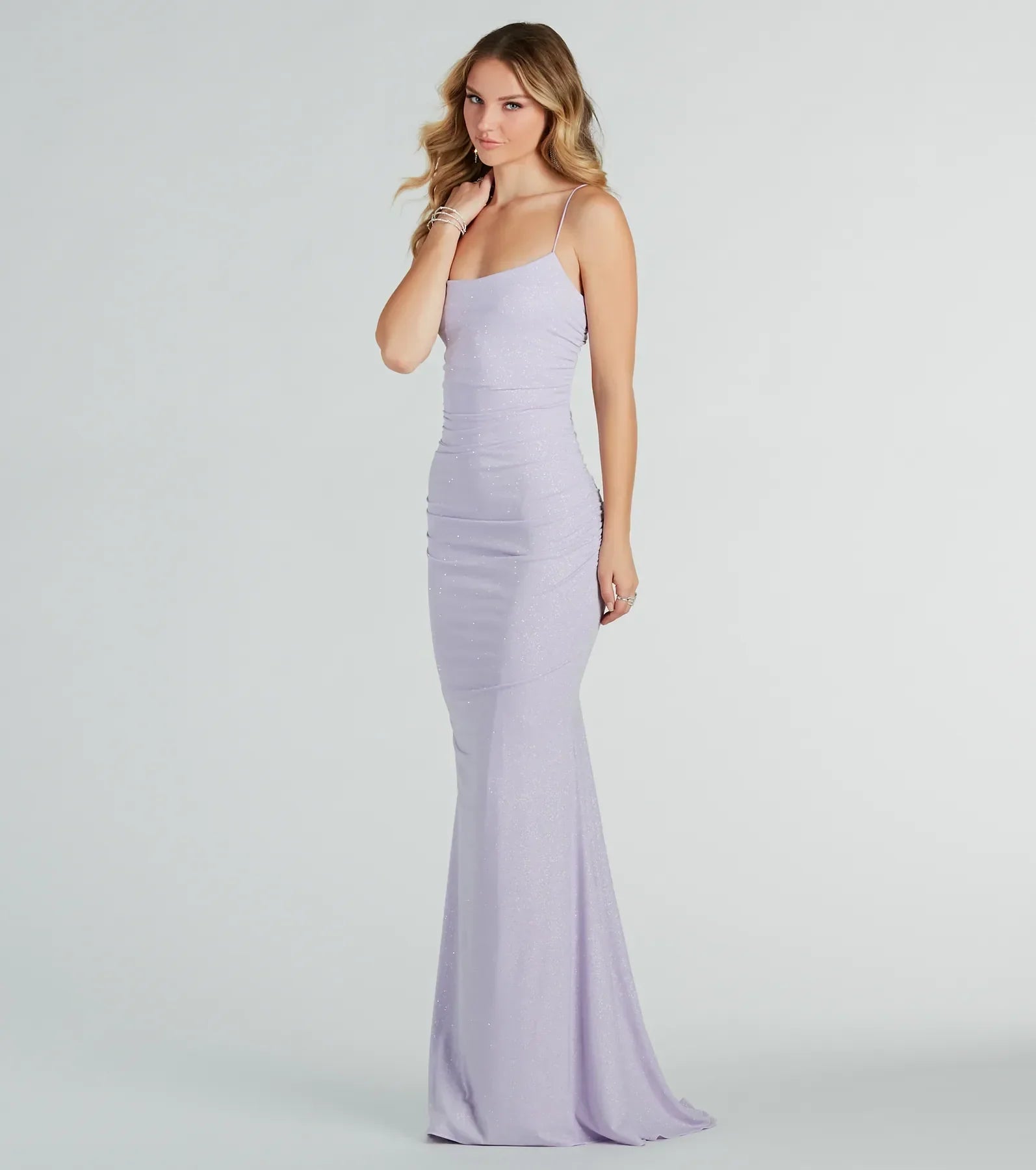 Rowan Glitter Ruched Mermaid Prom Dress – Open Back Long Formal Gown