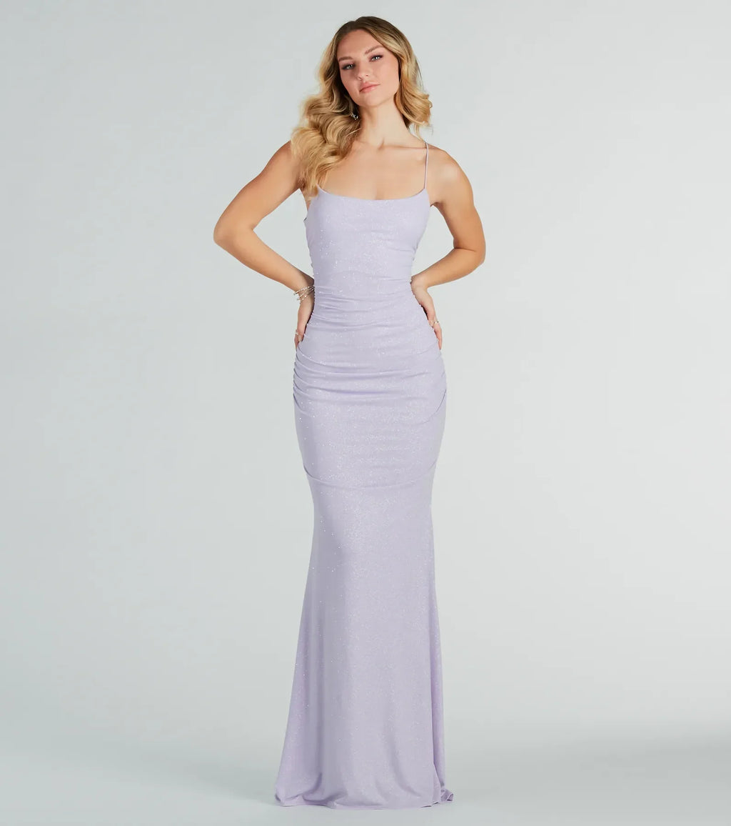 Rowan Glitter Ruched Mermaid Prom Dress – Open Back Long Formal Gown