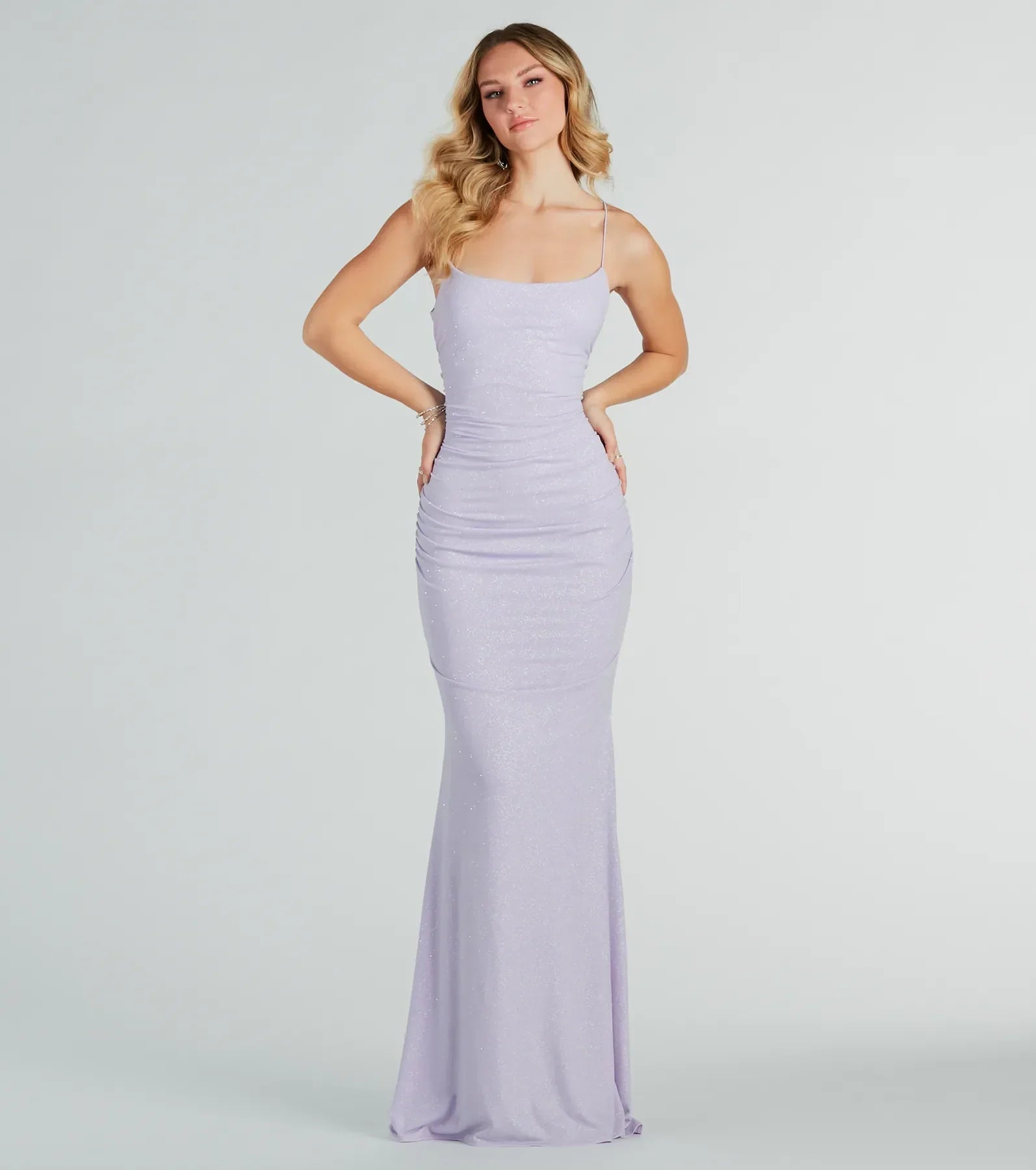 Rowan Glitter Ruched Mermaid Prom Dress – Open Back Long Formal Gown
