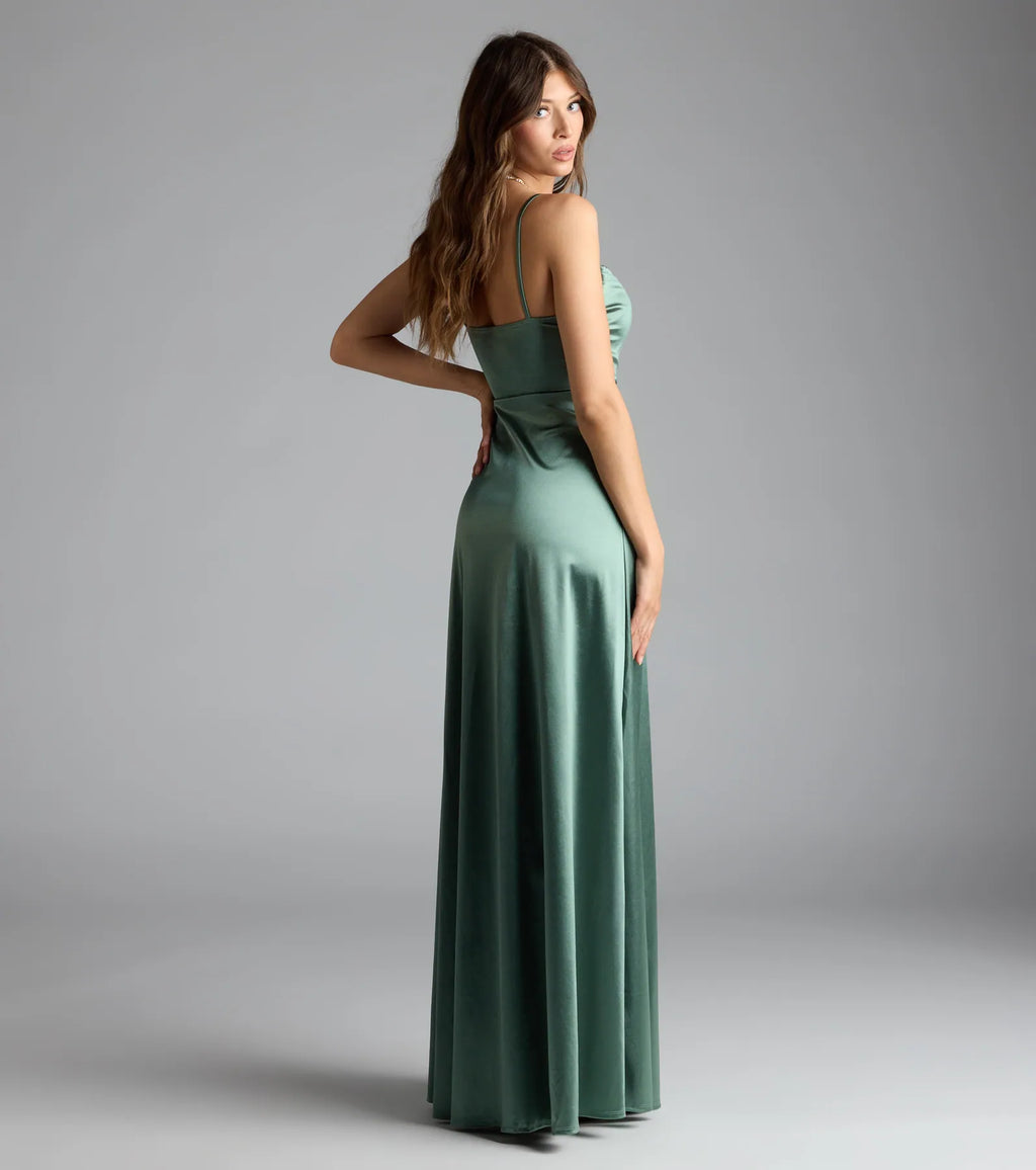 Marissa Satin Ballkleid Salbei Seitenansicht