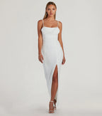 Klara Faux Pearl Beaded Column Prom Dress – Cowl Neck Long Formal Gown