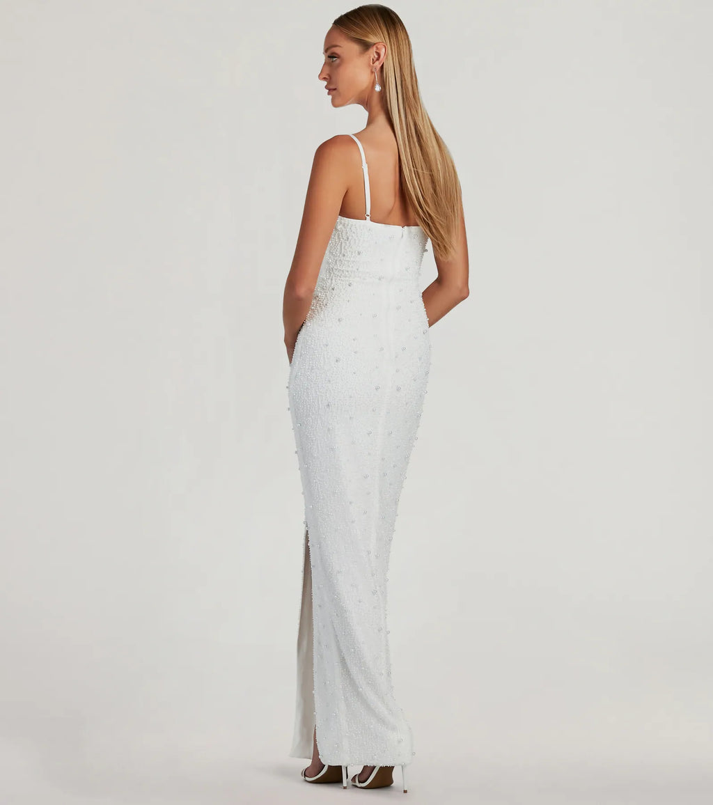 Klara Faux Pearl Beaded Column Prom Dress – Cowl Neck Long Formal Gown
