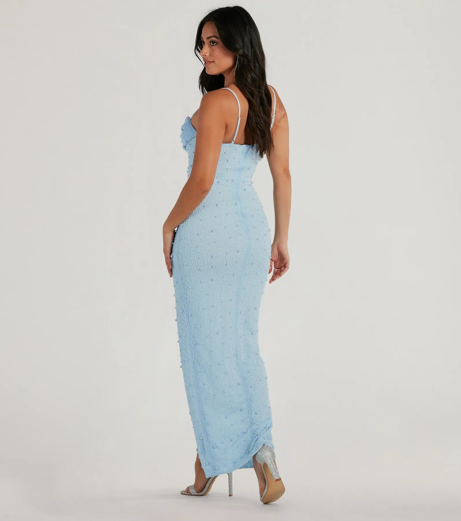 Klara Faux Pearl Beaded Column Prom Dress – Cowl Neck Long Formal Gown