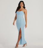 Klara Faux Pearl Beaded Column Prom Dress – Cowl Neck Long Formal Gown