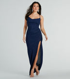 Amirah Glitter Column Prom Dress – Cowl Neck High Slit Formal Gown