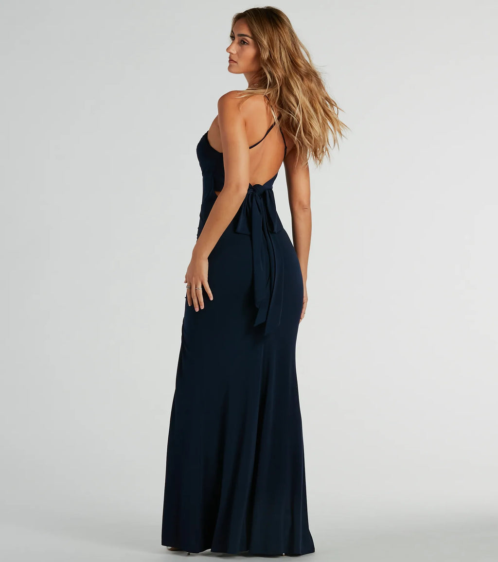 Ashley Bow Mermaid Prom Dress – Sleeveless High Slit Long Formal Gown