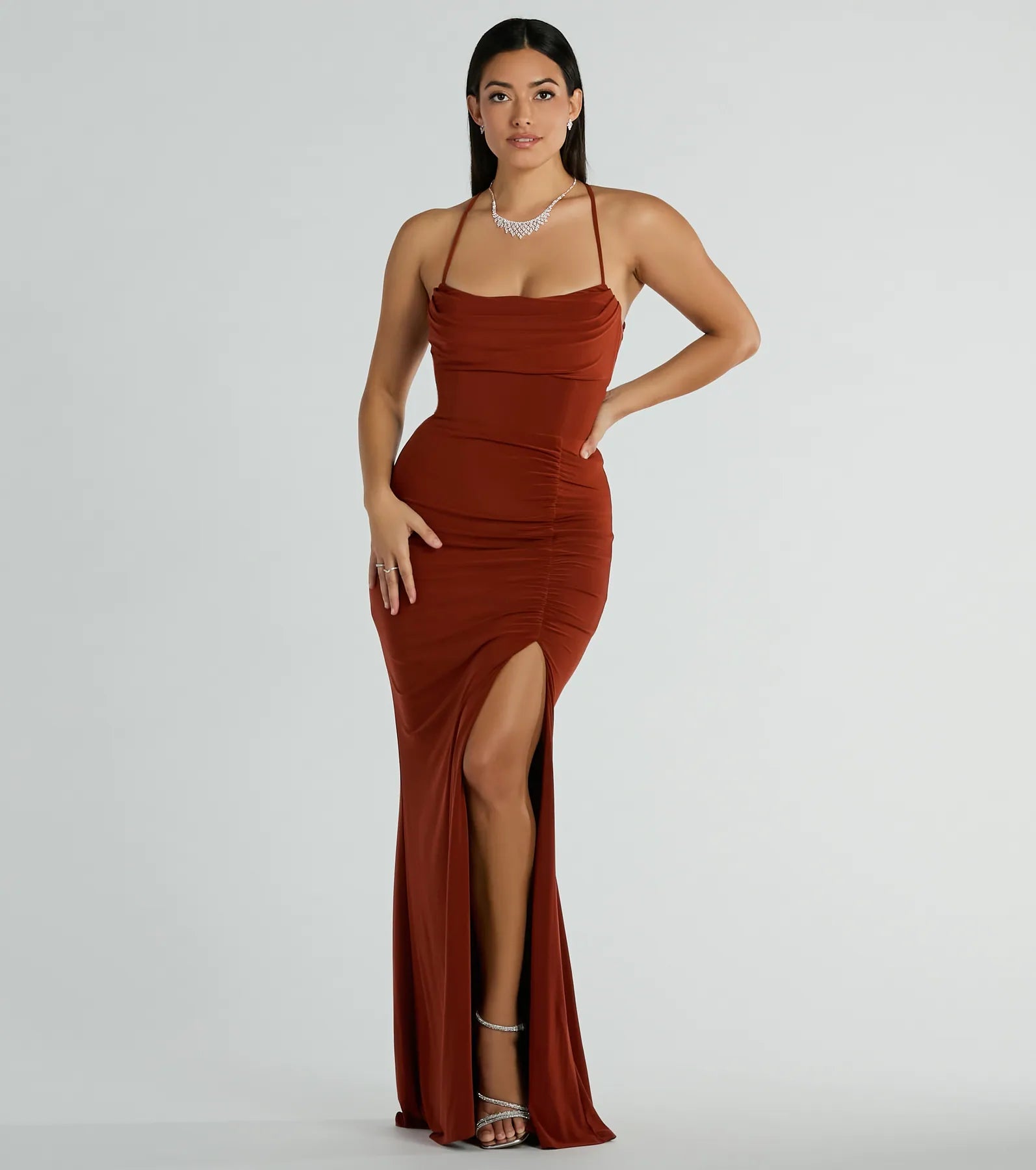 Ashley Bow Mermaid Prom Dress – Sleeveless High Slit Long Formal Gown