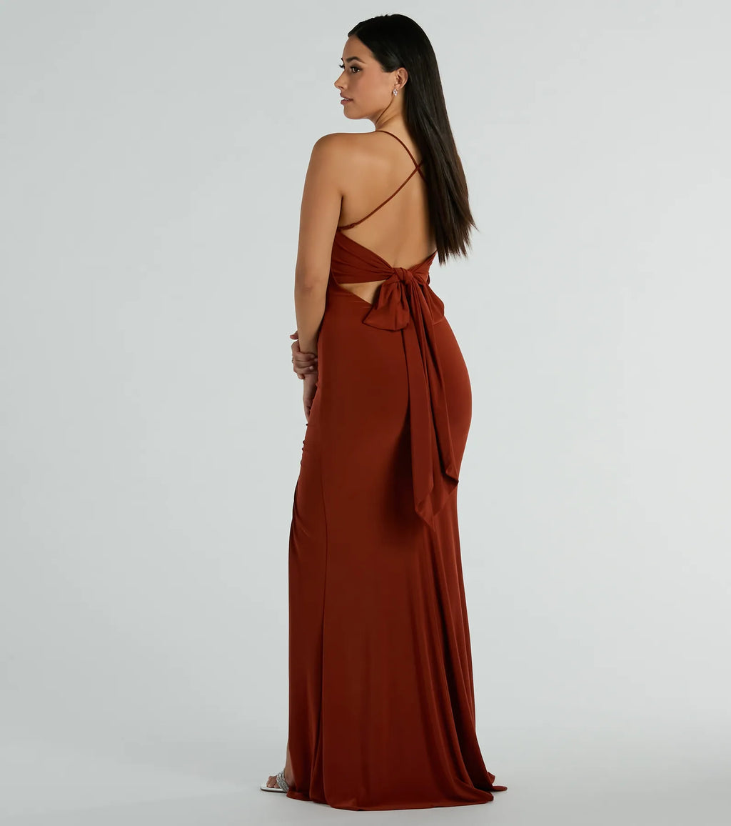 Ashley Bow Mermaid Prom Dress – Sleeveless High Slit Long Formal Gown