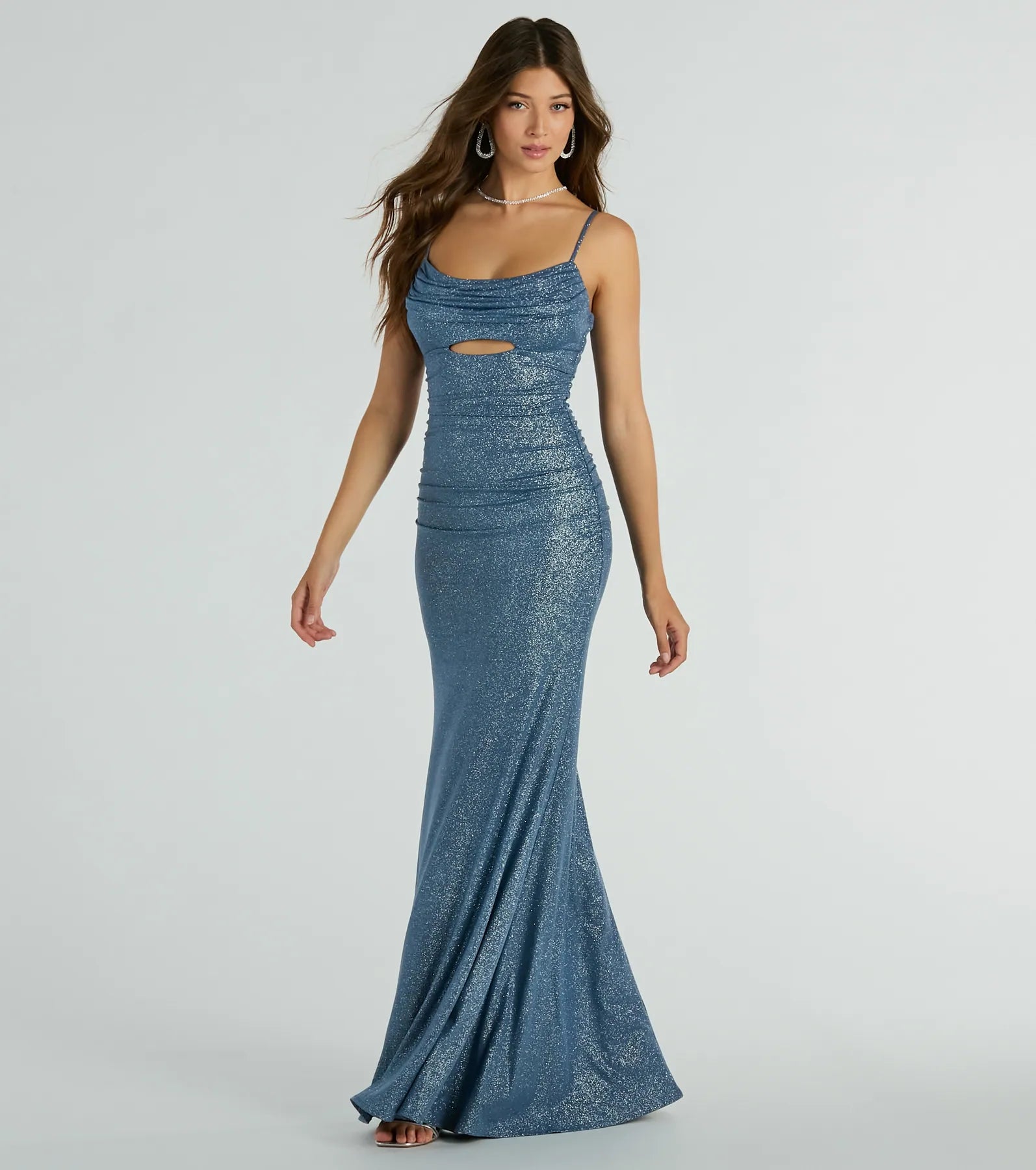Harley Glitter Cutout Column Prom Dress – Cowl Neck Long Formal Gown