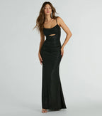 Harley Glitter Cutout Column Prom Dress – Cowl Neck Long Formal Gown