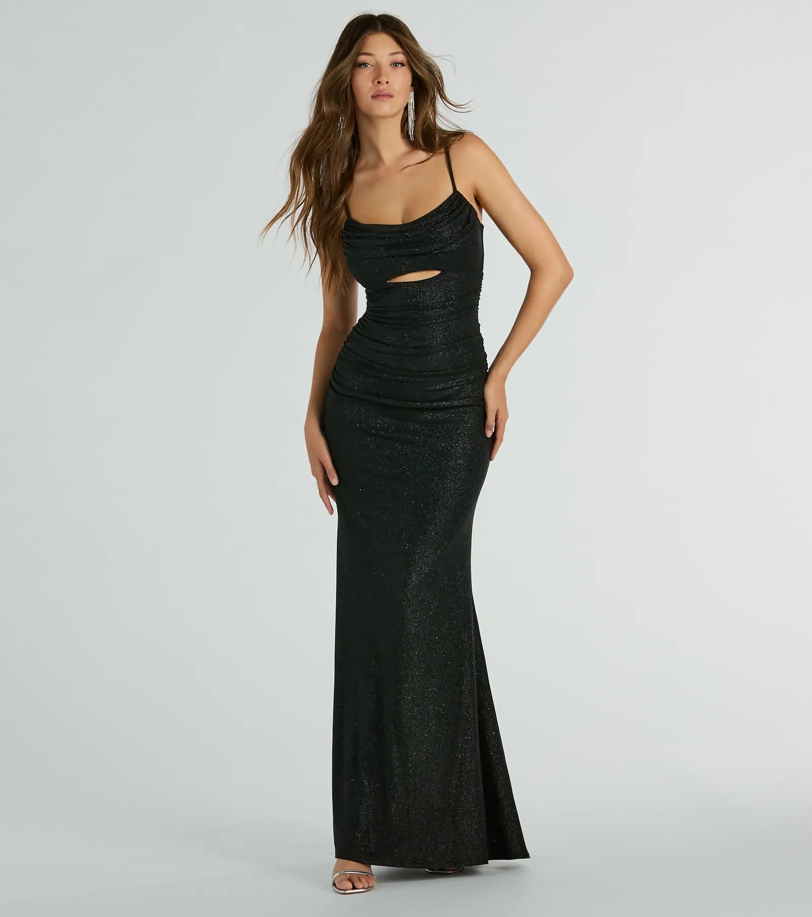 Harley Glitter Cutout Column Prom Dress – Cowl Neck Long Formal Gown
