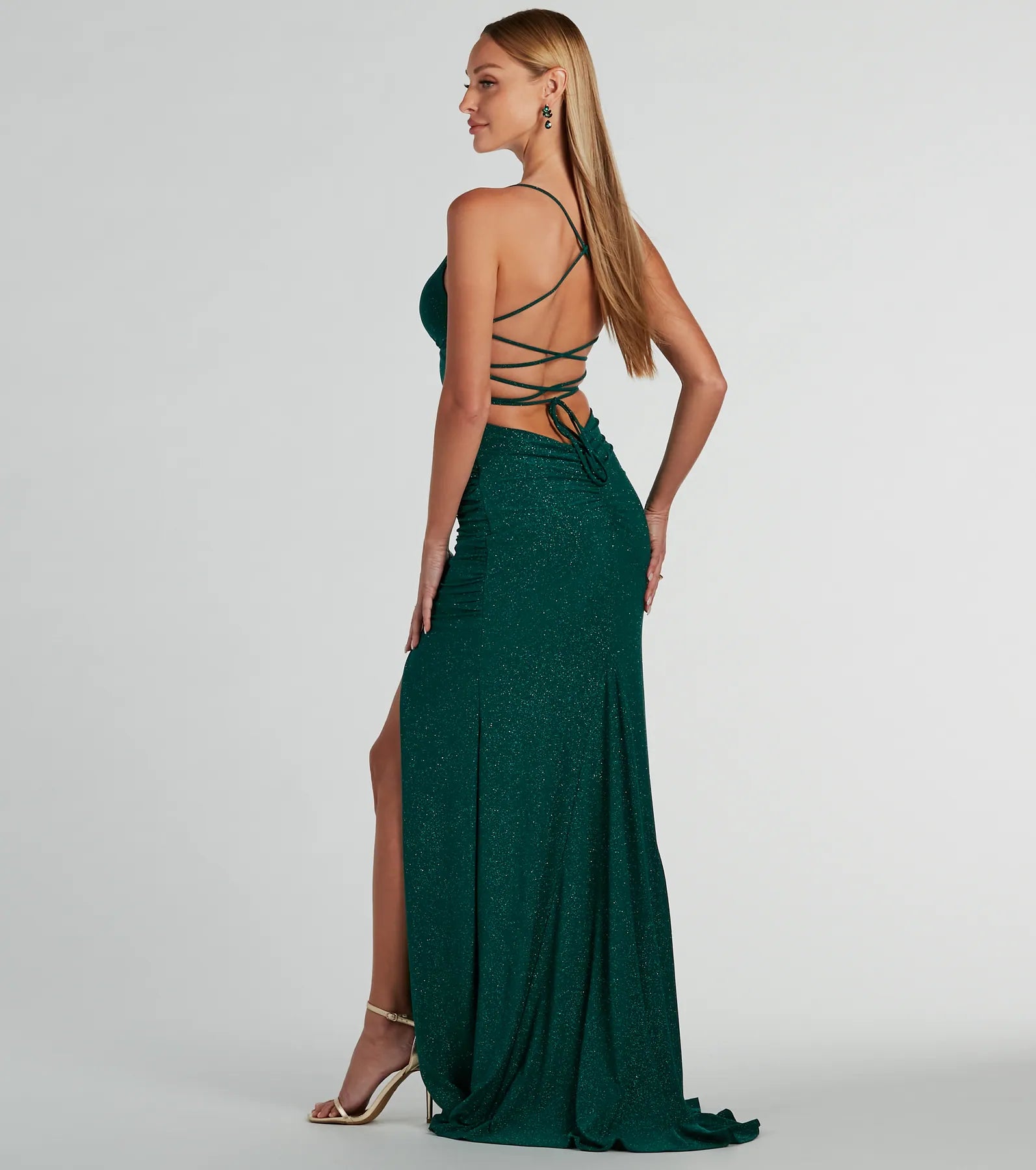 Ellora Glitter Mermaid Prom Dress – Lace-Up V-Neck Long Formal Gown