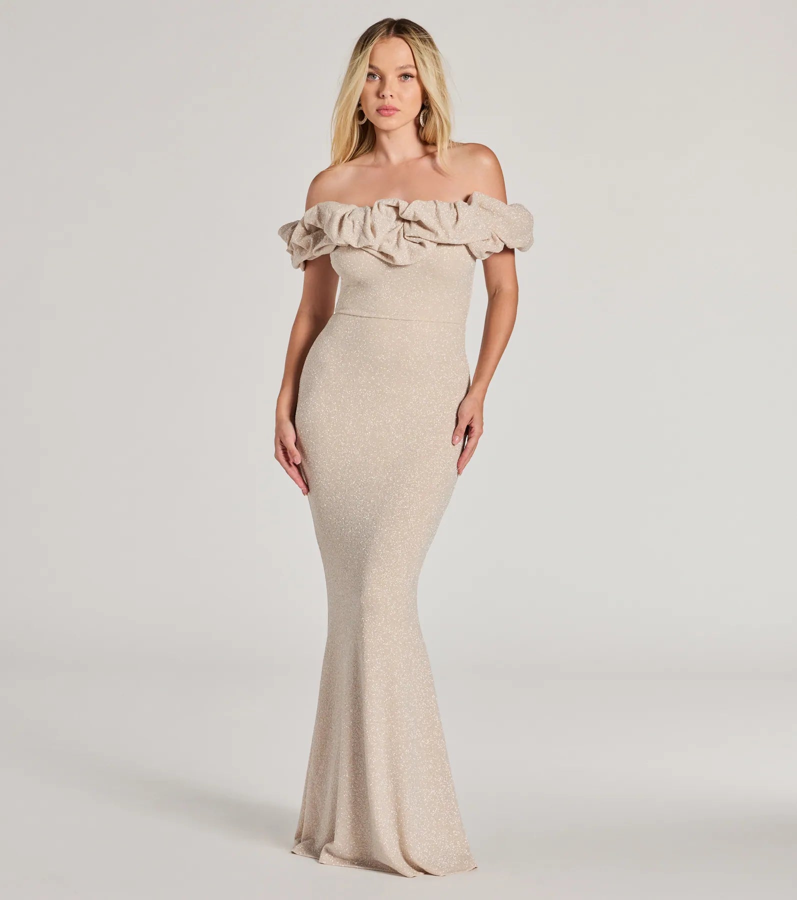 Halsey Glitter Mermaid Prom Dress – Off-Shoulder Ruffled Formal Gown