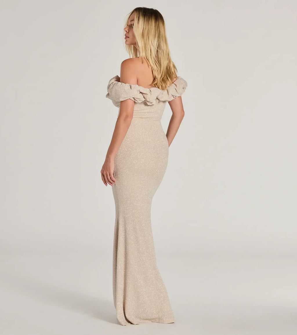 Halsey Glitter Mermaid Prom Dress – Off-Shoulder Ruffled Formal Gown