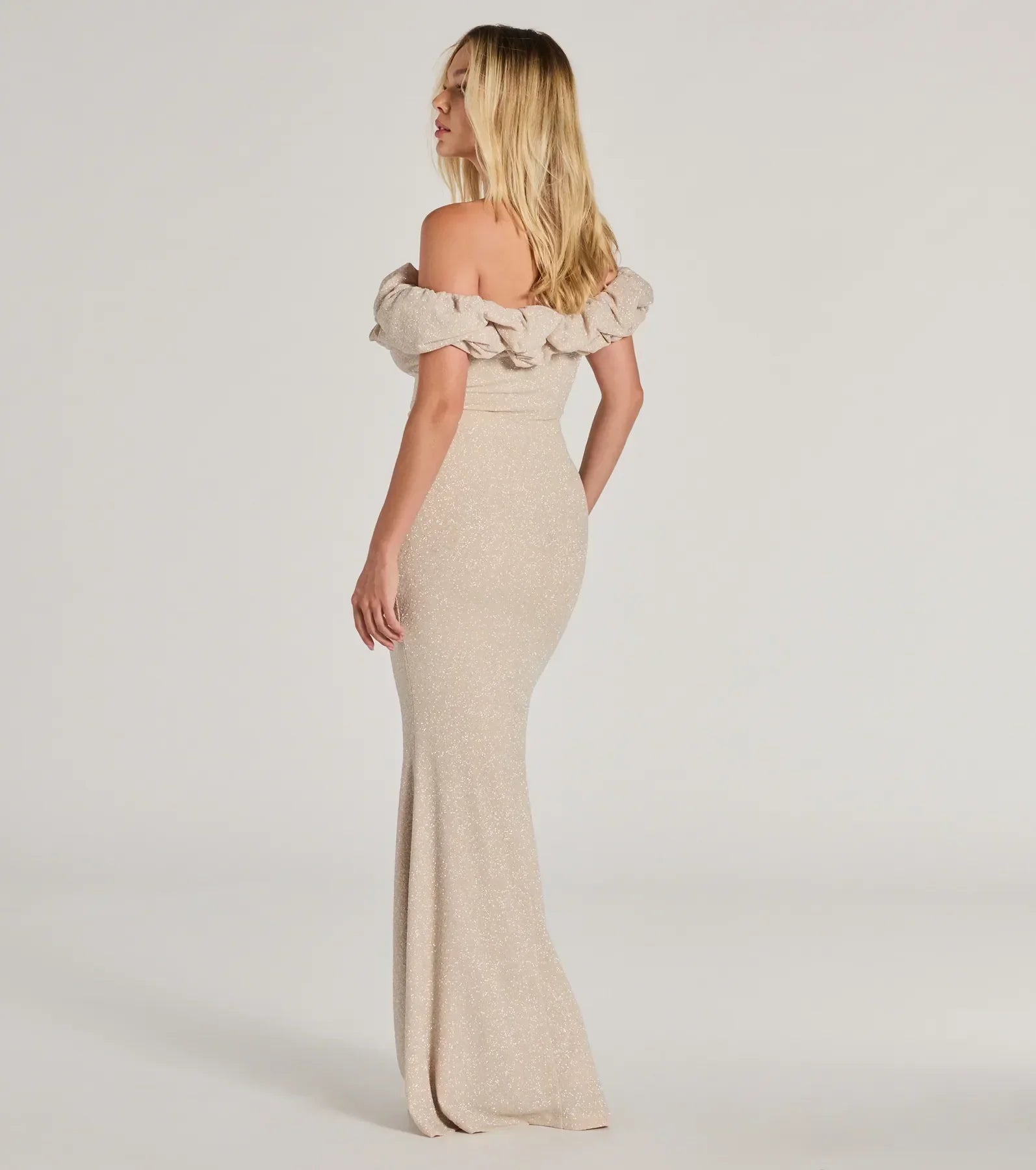 Halsey Glitter Mermaid Prom Dress – Off-Shoulder Ruffled Formal Gown