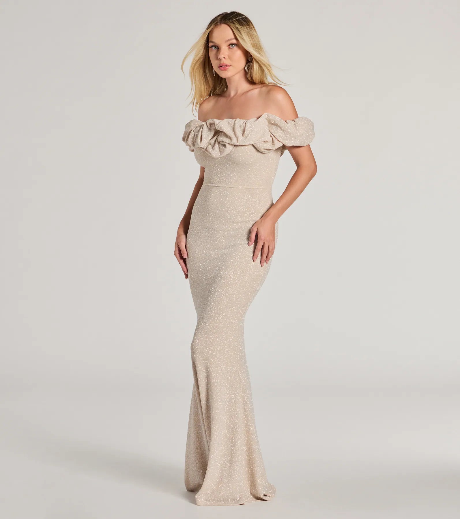 Halsey Glitter Mermaid Prom Dress – Off-Shoulder Ruffled Formal Gown