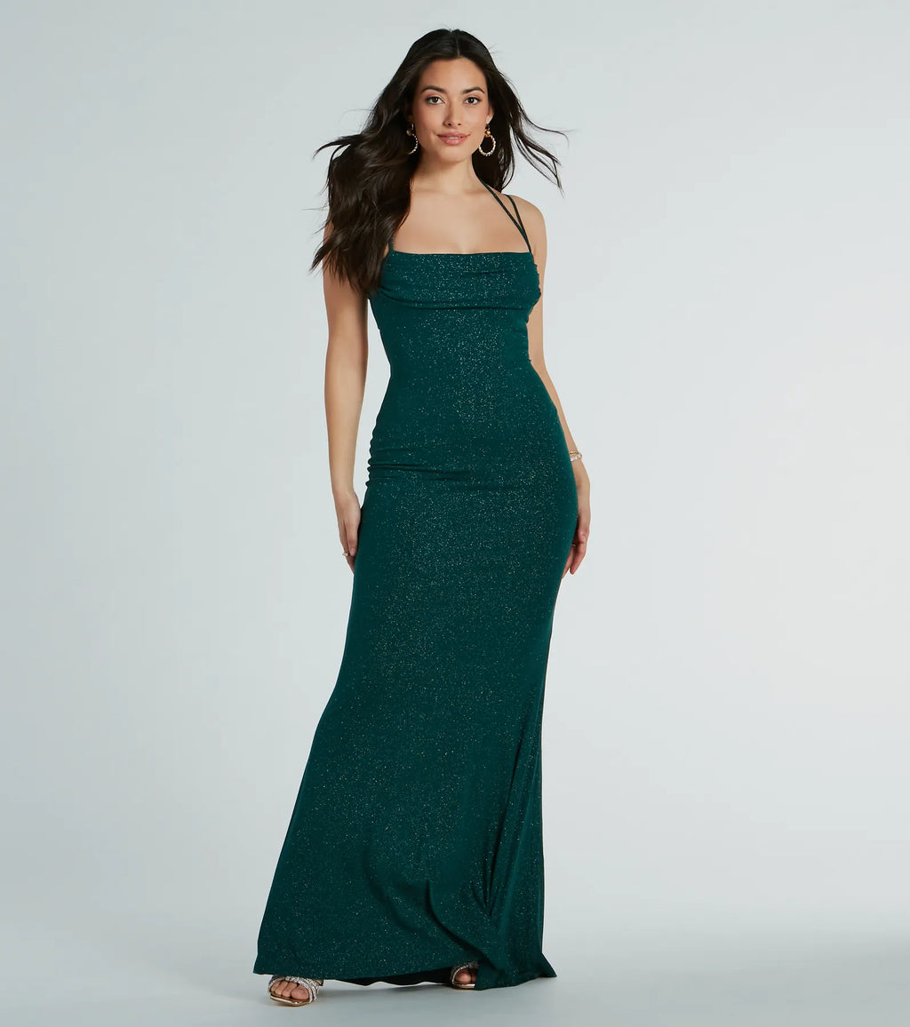 Katerina Glitter Mermaid Prom Dress – Square Neck Open Back Formal Gown