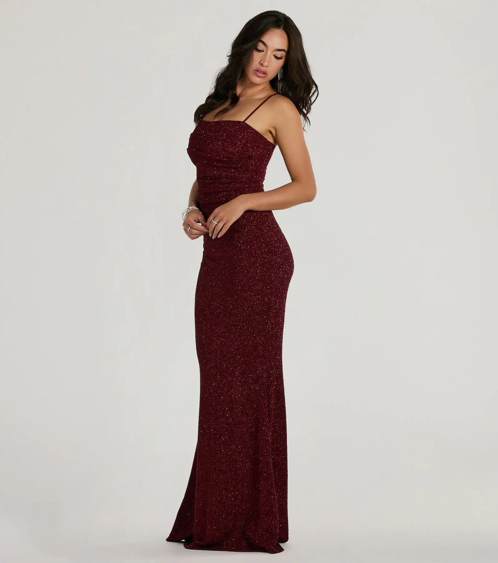 Wendy Glitter Mermaid Prom Dress – Square Neck Sleeveless Formal Gown