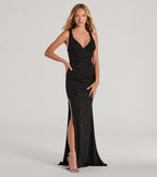 Kat Glitter Column Prom Dress – Lace-Up V-Neck Long Formal Gown