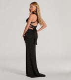 Kat Glitter Column Prom Dress – Lace-Up V-Neck Long Formal Gown