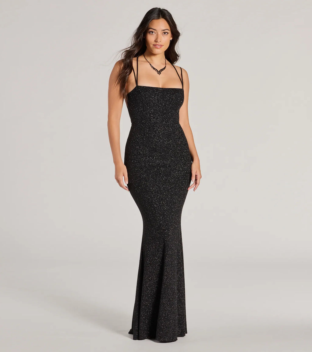 Jade Glitter Mermaid Prom Dress – Lace-Up Square Neck Long Formal Gown