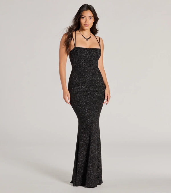 Black Glitter Mermaid Gown – Lace-Up Square Neck, Built-In Bra, Floor-Length