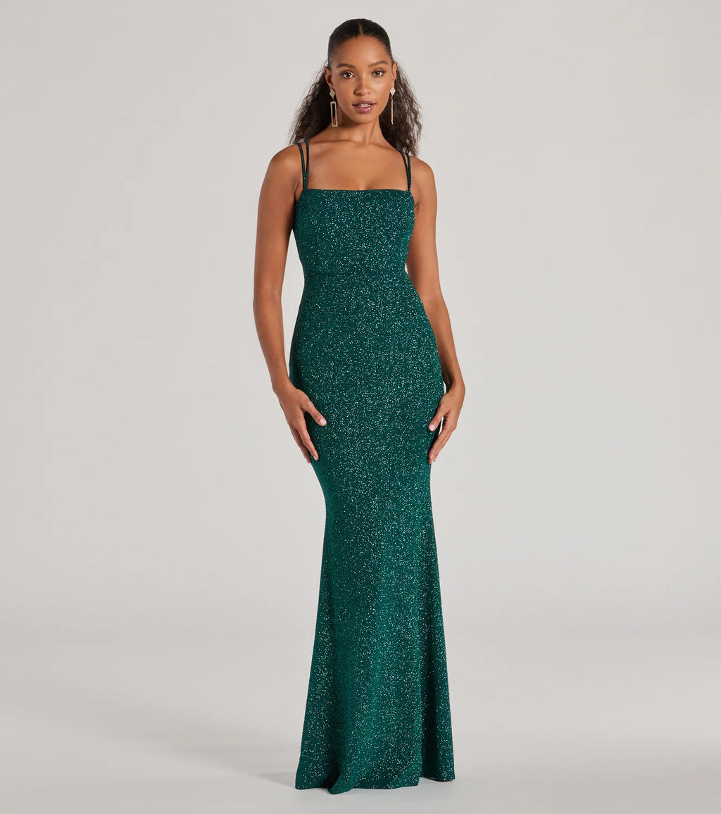 Jade Glitter Mermaid Prom Dress – Lace-Up Square Neck Long Formal Gown