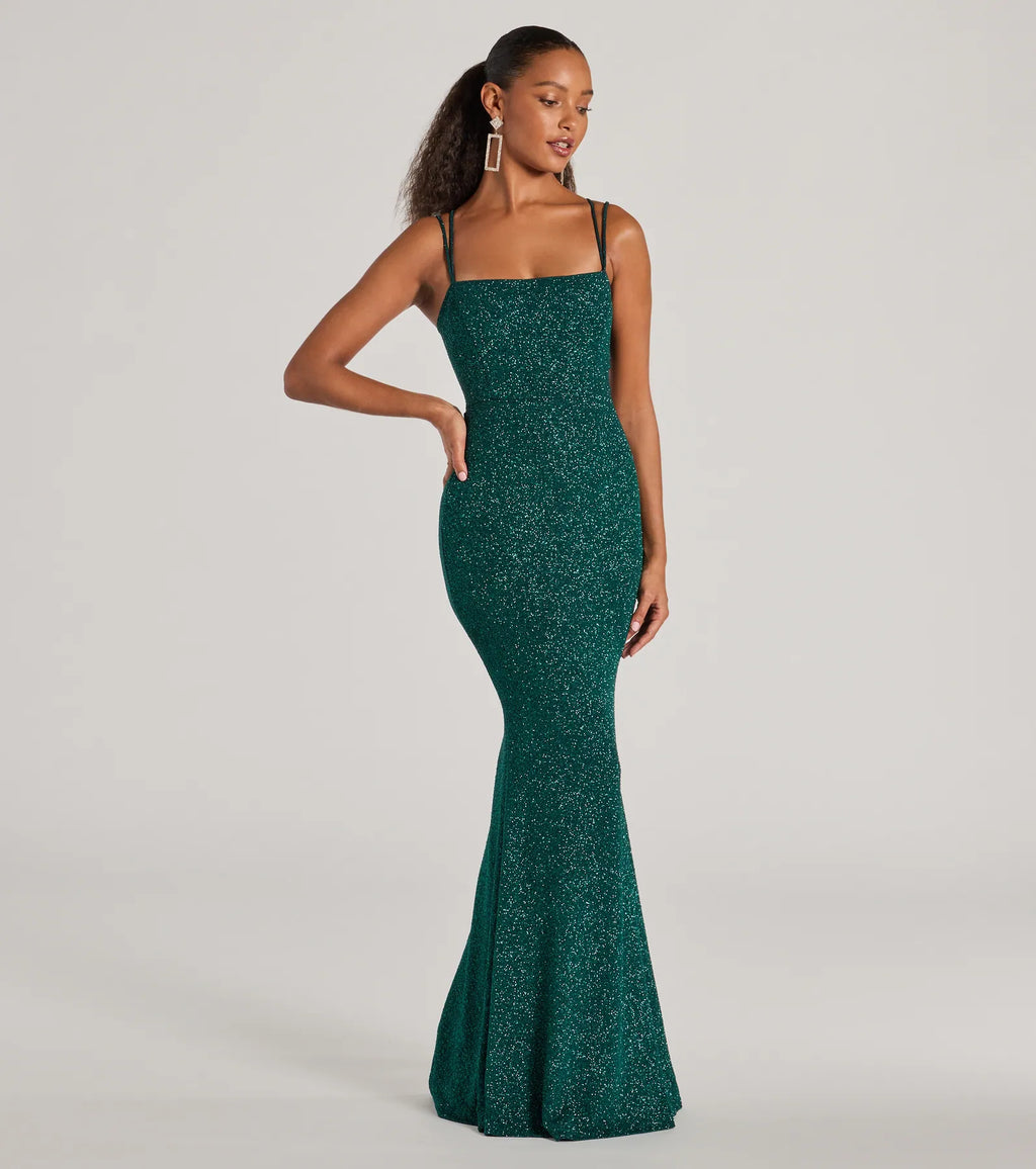 Jade Glitter Mermaid Prom Dress – Lace-Up Square Neck Long Formal Gown