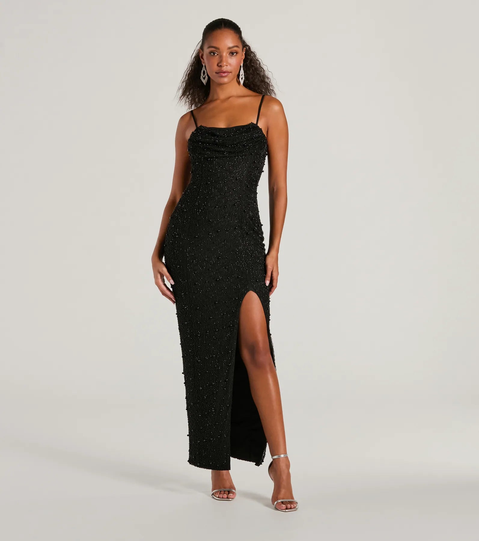 Klara Faux Pearl Beaded Column Prom Dress – Cowl Neck Long Formal Gown