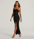 Klara Faux Pearl Beaded Column Prom Dress – Cowl Neck Long Formal Gown