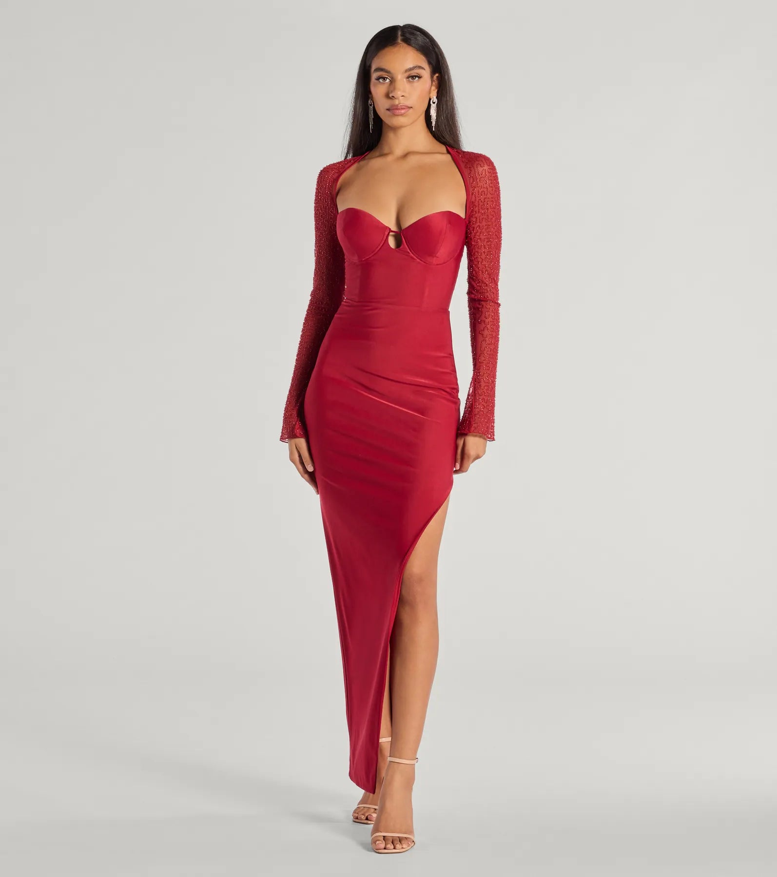 Wren Beaded Long Sleeve Prom Dress – High Slit Column Formal Gown